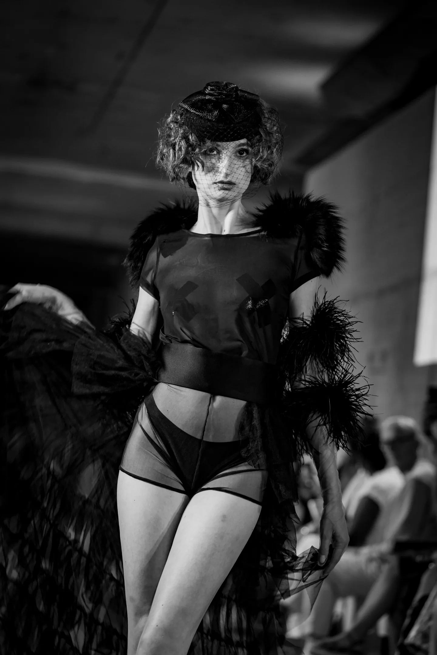 Monochrome editorial silhouette with veil and feather detail.