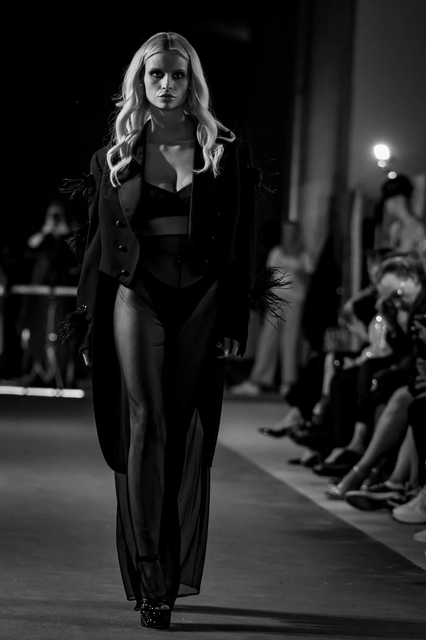 Crowd and runway composition with luminous club lighting.